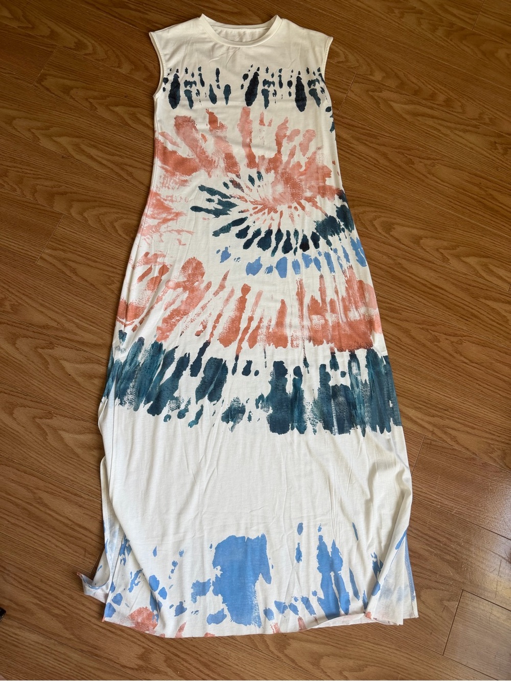 NWOT Sleeveless Tie-Dye Maxi Dress in Coral, Navy & Sky Blue